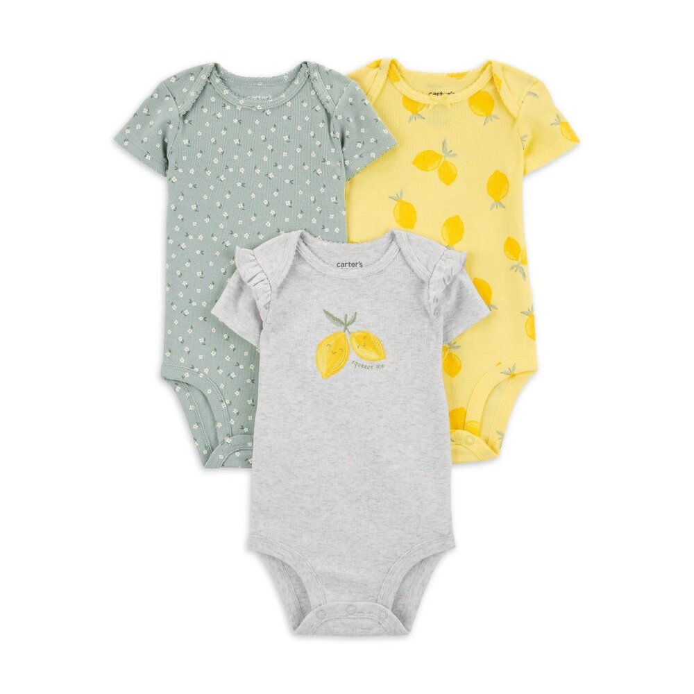 Carter's Child of Mine Set of 3 Bodysuits - Lemon and Sage - 6-9 Months